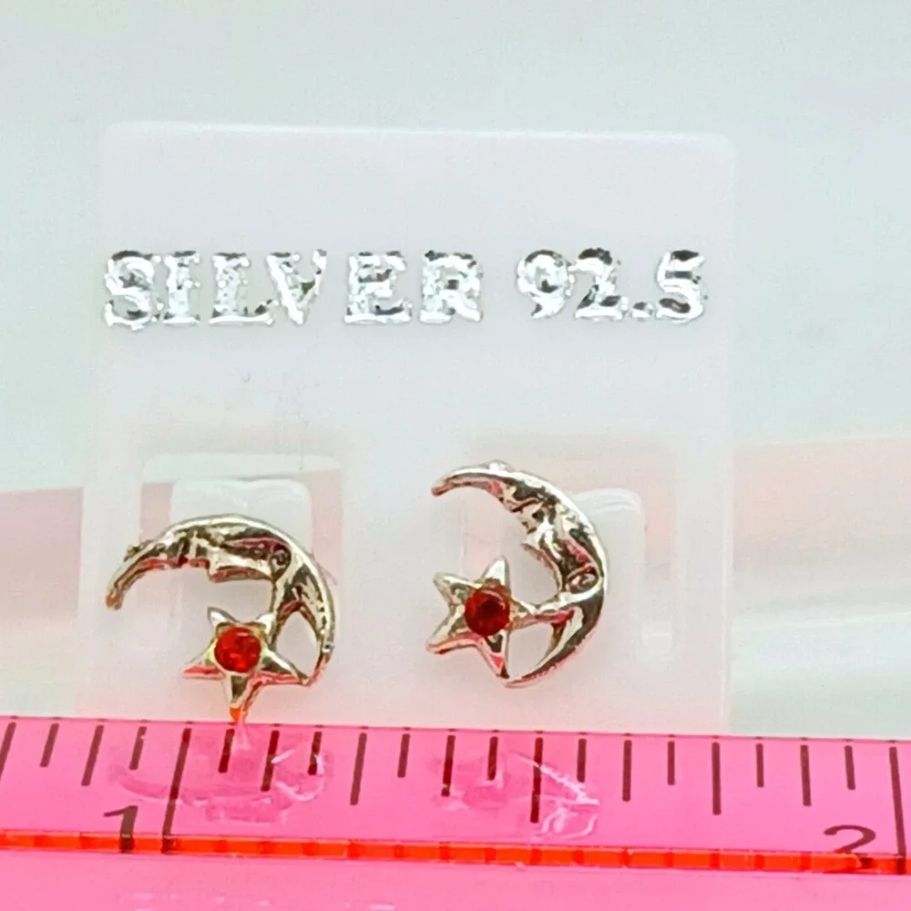 925 Sterling Silver Crescent Moon and Star Red Crystal‎ Stud Earrings Celestial